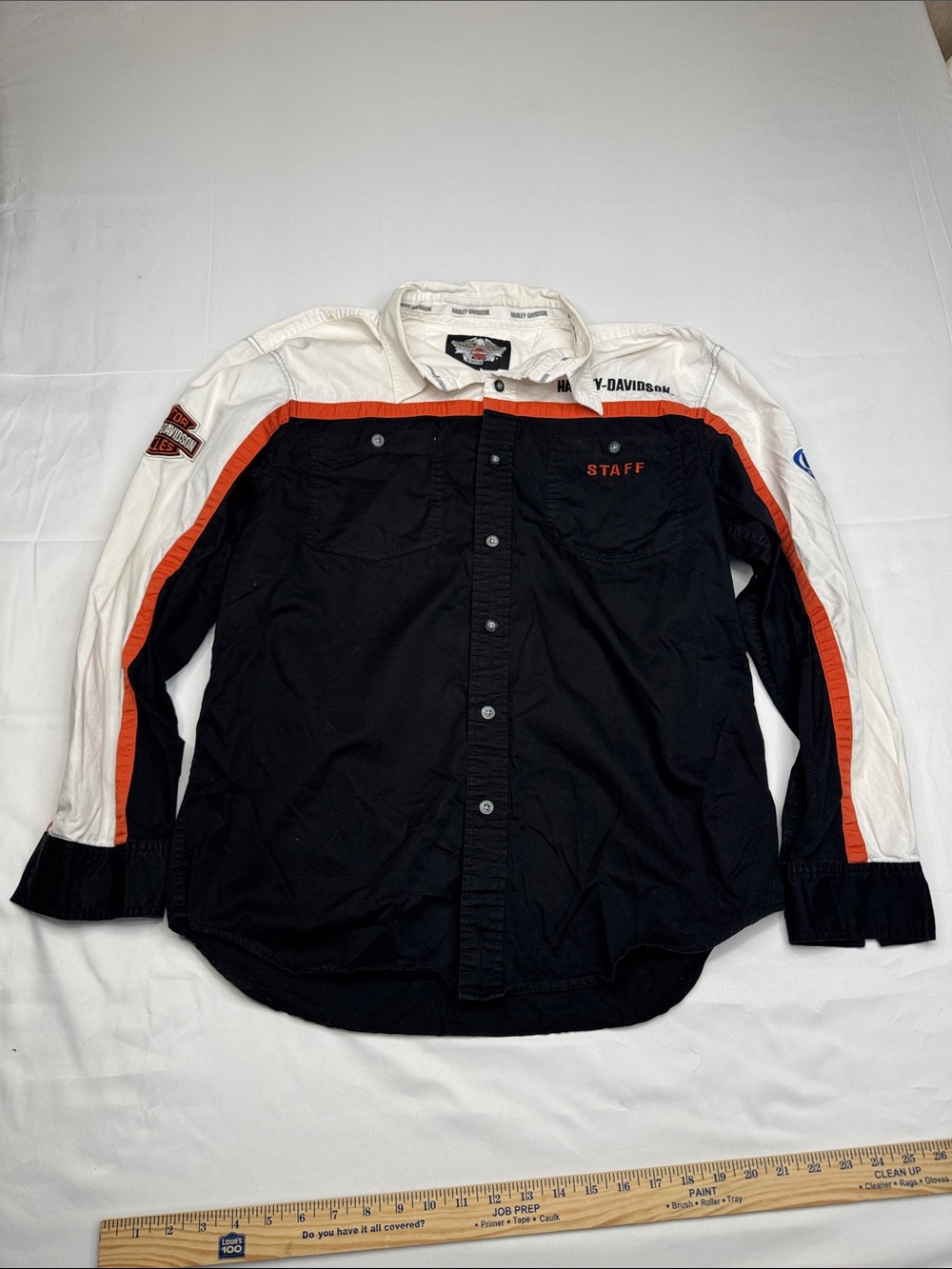 Harley-Davidson men's staff button-up shirt orange black white LARGE long sleeve